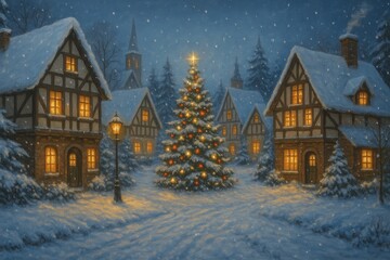 Snowy Christmas Village, Christmas, Village, Snow, Winter, Tree, Houses, Xmas, Holiday, Snowflakes, Festive