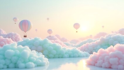 Fototapeta premium A fantasy landscape of fluffy candy floss hills in soft pastel shades, gently rolling beneath a glowing sky, with tiny air balloons floating in the distance. Surreal, dreamlike environment.
