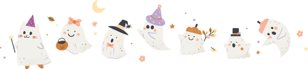 Cute halloween ghost parade and cat with ghost costume. Ideal for cards, poster, prints, invitation, party decoration, classroom and kids halloween project and activity