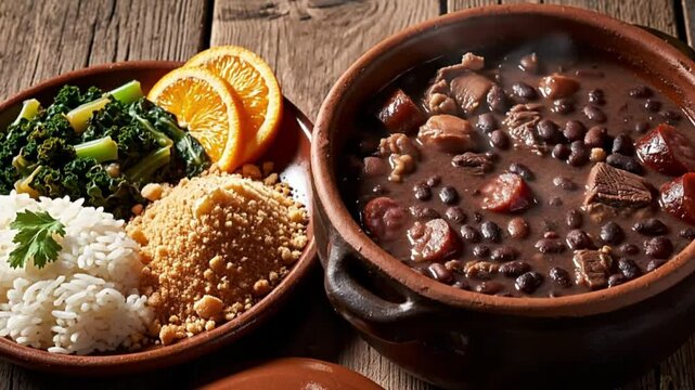 Feijoada Feast: A culinary exploration of a traditional hearty meal, showcasing a vibrant mix of textures and flavors, cooked to perfection, a feast for the senses.