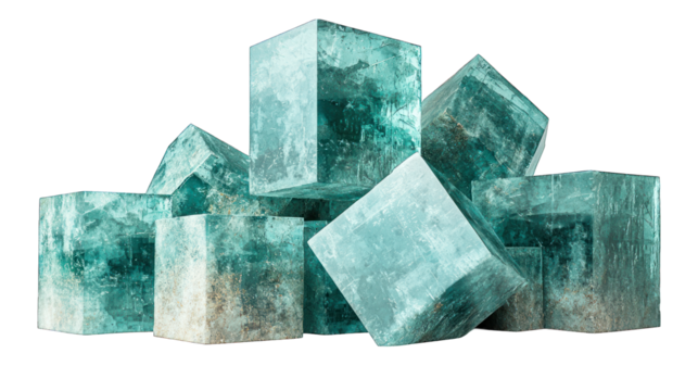 Stacked cyan rough crystal cubes, textured surface