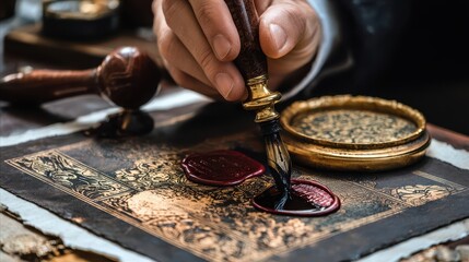 A hand carefully applies wax seal to an antique document.