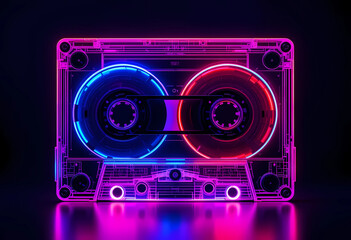 A glowing cassette tape with blue and red lights on a dark reflective surface in a neon style art