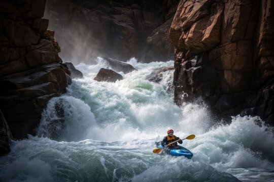 A kayaker navigating intense whitewater rapids in a rugged canyon