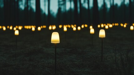 Small, glowing lanterns scattered across a dark forest floor at twilight.