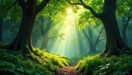 Sunlight dappled through the leaves of a lush, green forest, illuminating the vibrant undergrowth and ancient trees A tranquil scene of untouched natural beauty , wilderness, forest, environment