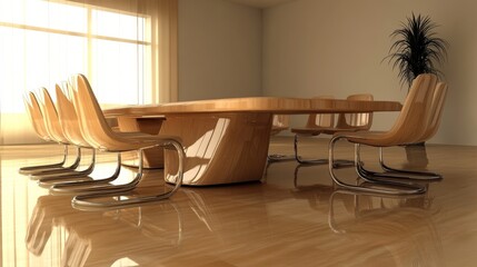 Modern corporate meeting room with sleek wooden conference table and ergonomic office chairs in bright professional workspace interior




