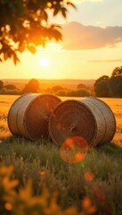 Obraz premium Golden hour sunlight illuminates a romantic scene of two hay bales nestled together in a sun-drenched field, evoking feelings of rustic charm and summer romance , harvest, meadow