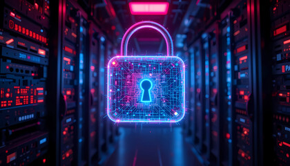 Glowing padlock with circuit design in a server room with red and blue neon lights illuminating it