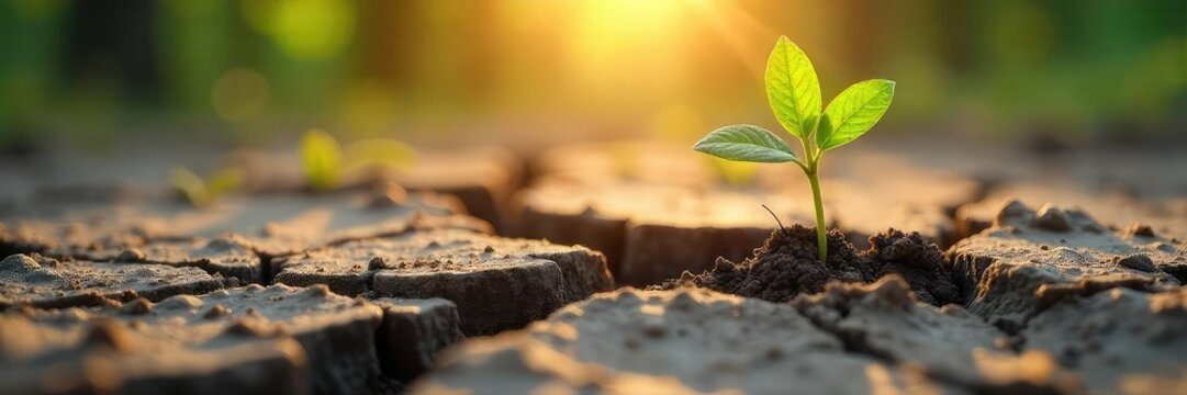 A single seed sprouting from cracked earth, reaching towards sunlight, symbolizes resilience and the potential for new growth and a brighter future , overcoming, adversity, earth - Powered by Adobe