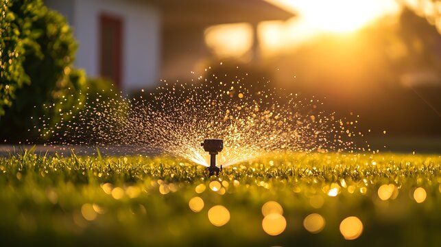 Golden hour sprinkler watering lush green grass with bokeh effect - Powered by Adobe