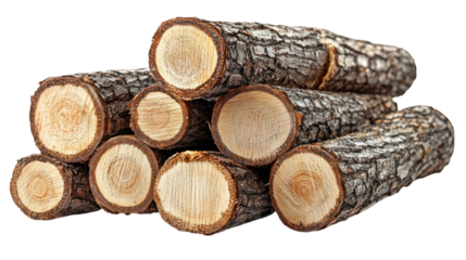 Stacked timber logs show wood grain and rough bark detail