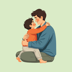 Adorable Cartoon Depicting a Father Hugging His Young Son Tenderly