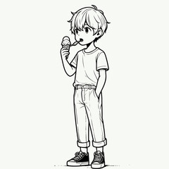 A happy child enjoys a refreshing ice cream cone on a summer day, his joyful expression captured in a minimalist black and white illustration style.