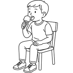 Happy boy sitting on a chair and enjoying a delicious ice cream cone on a hot summer day.