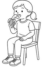 A happy little girl sits on a simple wooden chair, peeling and eating a fresh banana, enjoying a healthy snack in a lighthearted illustration.