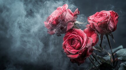 95.A cluster of withered roses with brittle stems and crumbling petals, the dark background emphasizing their fragility and faded beauty.