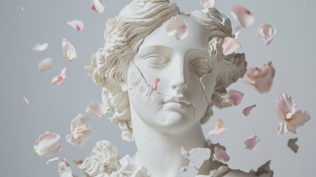 23.A broken white stone bust of a feminine figure in Greek sculpture style, surrounded by falling petals and pink flowers nestled in its fragmented sections on a clean gray background.