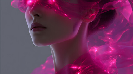 Ethereal Gaze: A portrait of a woman with an enigmatic expression. Glowing pink light intertwines with her form, creating a futuristic and dreamlike atmosphere.