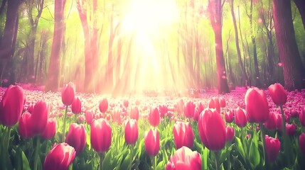 Enchanting tulip field in a serene forest bathed in warm sunlight creating a dreamy atmosphere