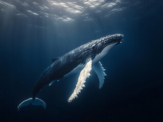 Fototapeta premium A majestic humpback whale gracefully swims underwater, bathed in dappled sunlight filtering through the ocean's surface.