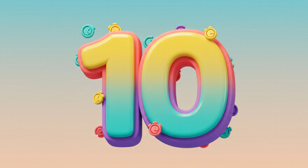 Colorful 3D cartoon number ten. A glossy and vibrant alpha symbol perfect for a tenth anniversary or birthday celebration.