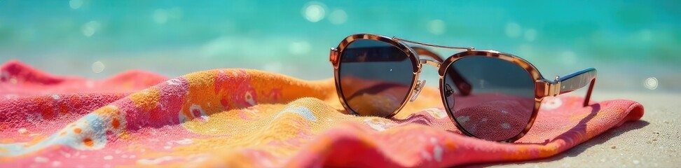 A pair of stylish sunglasses rests on a vibrant beach towel, symbolizing relaxation and shared summer moments Perfect for travel, vacation, and summer themes , design, fun