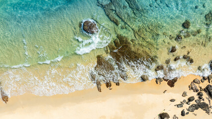 Nature of the beach and sea Summer with sunshine, sandy beaches, clear blue waters sparkling against the blue sky. On an island with good ecology and environment Background for summer vacation