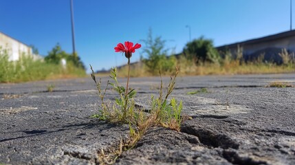Obraz premium 101.A small red flower emerging from a tiny fracture in worn, gray pavement, with faint green grass sprouting around it and a clear blue sky in the background.