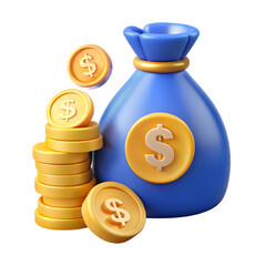 3D money bag with dollar sign and scattered coins. Isolated on white or transparent background. PNG format.