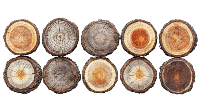 Ten tree trunk cross-sections, growth rings visible