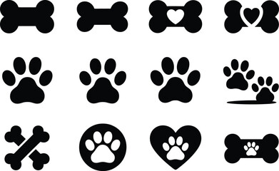 Silhouette vector collection of dog bones and paw icons in love and friendship theme with simple black style
