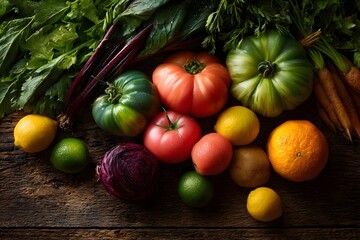 Vibrant assortment of fresh healthy produce on rustic wooden surface