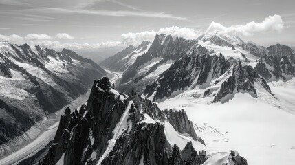 Dramatic black and white mountain landscape featu rugged peaks snow covered valleys and expansive sky creating a striking scenic view