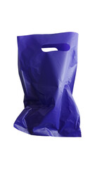 Crumpled blank purple plastic groceries bag with a handle hole isolated on transparent background