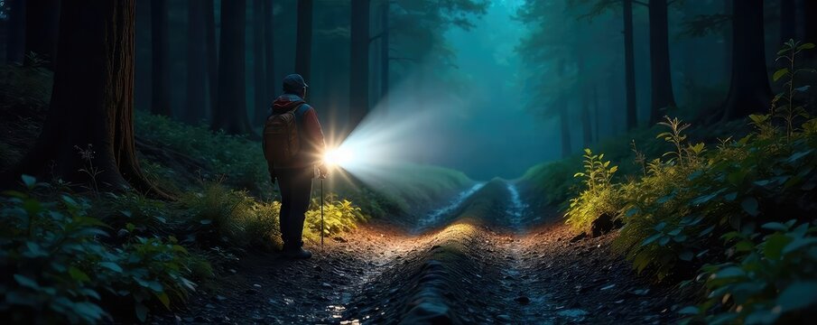 A powerful flashlight beam cuts through the darkness, illuminating a mysterious path ahead Perfect for adventure, exploration, and safety themes , ray, secret