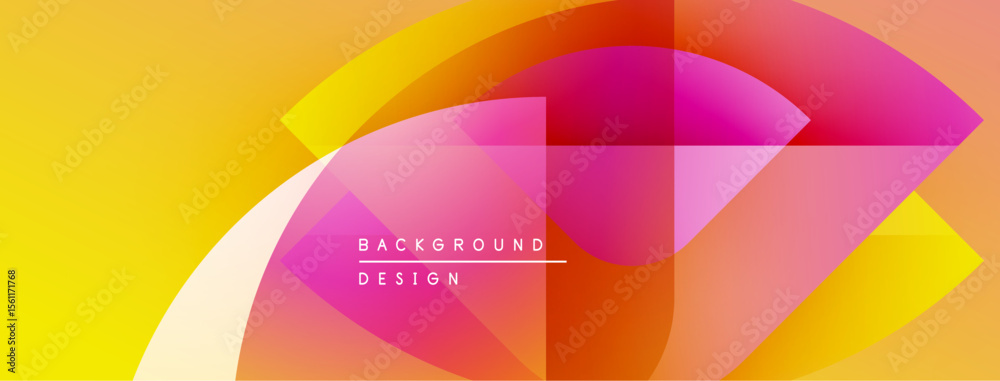 Poster abstract geometric shapes overlap, creating vibrant yellow, orange, pink gradients. design features 