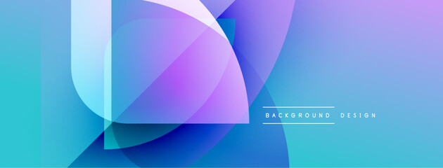 Abstract geometric shapes blend blues, purples, pinks. Overlapping layers create dynamic visual effect. Modern design element.