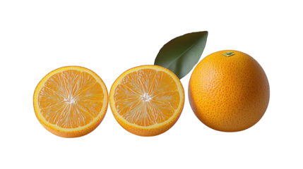 Three oranges, two halved, with one green leaf
