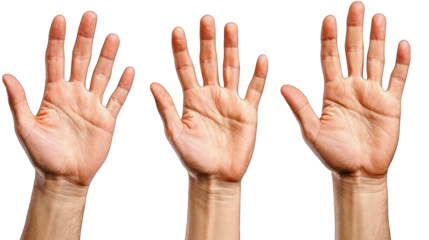Three open hands, light skin tones, against black bg