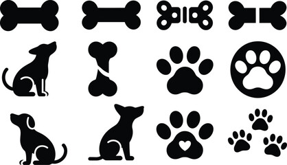 Fototapeta premium Silhouette vector dog activity and symbol collection with walking print, resting puppy, heart paw and tracking motion