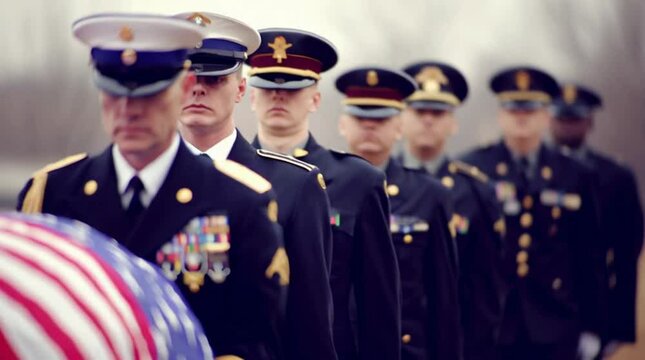 Military funeral with soldiers wearing dress blues carrying casket of fallen soldier draped in American flag in funeral precession through graveyard