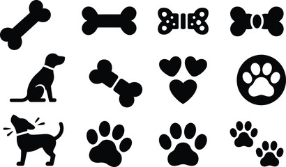 Fototapeta premium Silhouette vector of dog bones, paws, and hearts in bold black icon set focused on cute and loyal pet theme