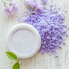 Gentle lilac powder with delicate blossoms evoking serenity and cosmetic elegance suitable for