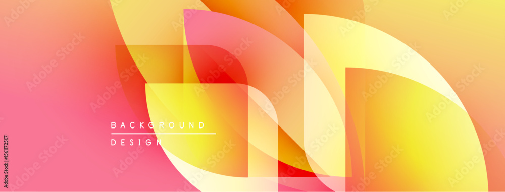 Poster Abstract gradient background. Overlapping shapes create dynamic visual effect. Pink, yellow hues dominate composition. Modern design element.