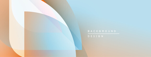 Abstract geometric shapes overlap, creating soft color gradients. Peach, blue hues dominate design. Minimal text present.