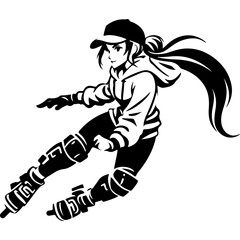 Fototapeta premium Sketchy sport emblem of charming extreme sportswoman in baseball cap and hoodie rushes on roller skates. Engraving minimalistic vector in black ink drawing on transparent background
