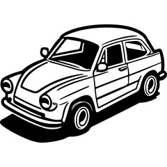 Sketchy sport emblem of Retro car model aerial view from above at an angle. Engraving minimalistic vector in black ink drawing on transparent background