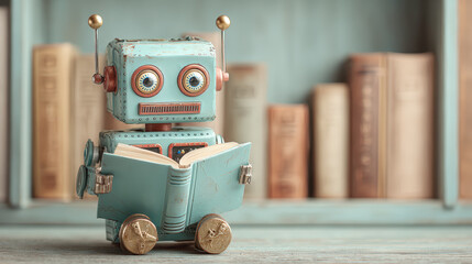 A vintage robot figurine holding an open book stands on a wooden surface with blurred bookshelves in the background.