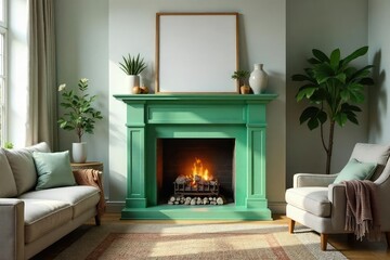 A cozy living room featuring a fireplace with a hearth painted a calming shade of green, surrounded by comfortable furniture and natural textures , minimalist, family room